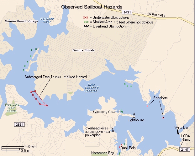 LAKE LBJ SAILORS-Map and Obstructions